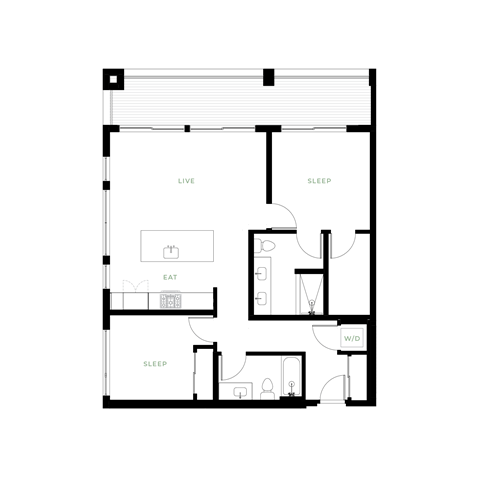 Floor plan for 2 beds, 2 baths, 1007 sqft